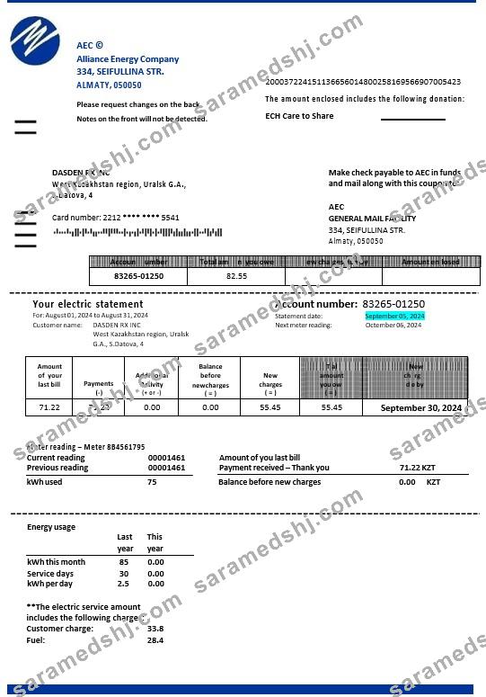 Kazakhstan Alliance Energy Company (AEC) business utility bill Word and PDF template